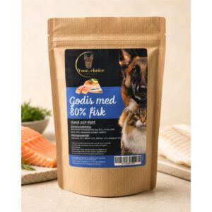 Godis med 80% fisk för Hund & Katt 100g. Lax, vitfisk och öring är naturligt rika på essentiella omega 3-fettsyror som stödjer hud, päls och leder. Vitfisk bidrar även med protein samt vitaminerna B6, B12 och Niacin.